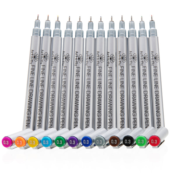 12 Colored 03 Fine Tip Color Inking Pens For Drawing Archival