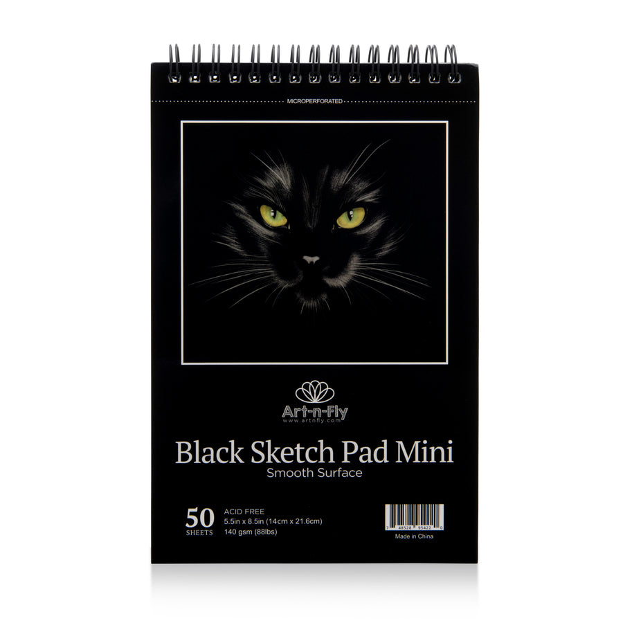 Art-n-Fly Black 5.5" x 8.5" Sketch Pad Mini: Two Book of Crisp Black Perforated Paper on Spiral