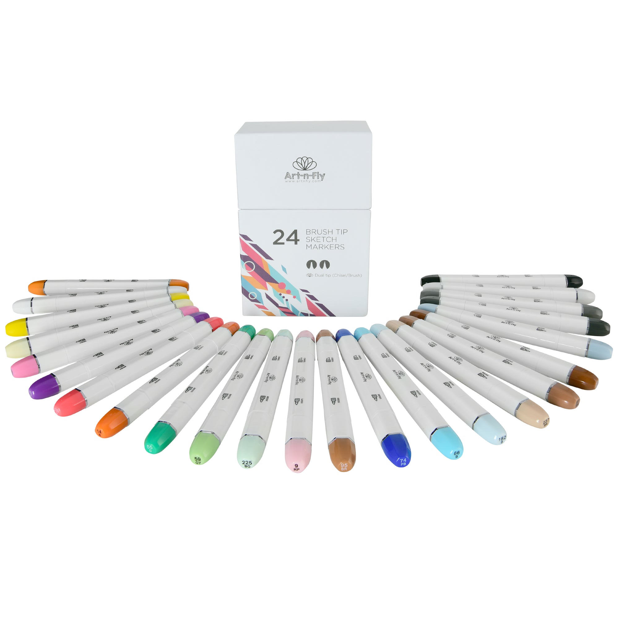 Art-n-Fly Brush Tip Sketch Markers 24 Colors with Blender Marker