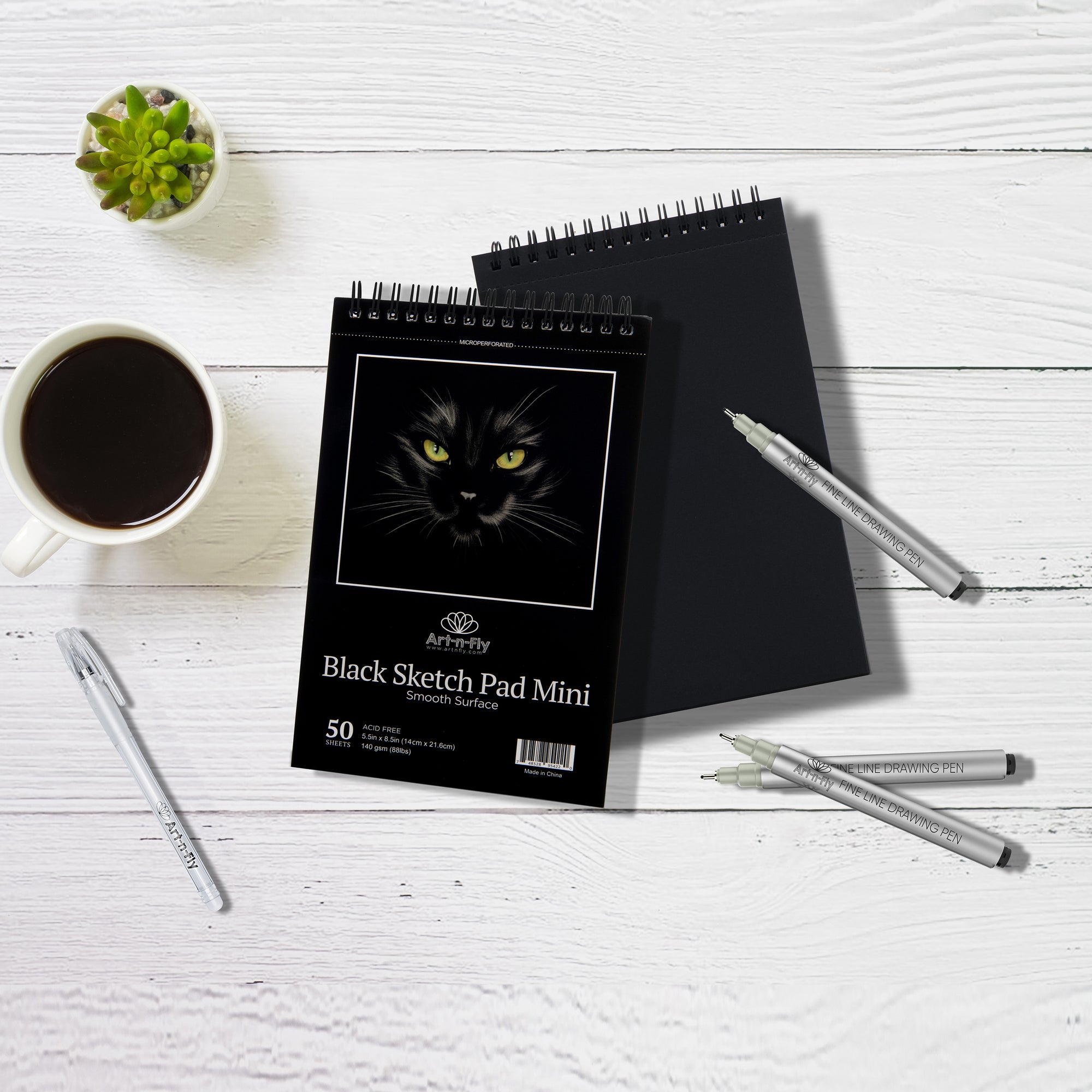 Art-n-Fly Black 5.5 x 8.5 Sketch Pad Mini: Two Book of Crisp Black  Perforated Paper on Spiral