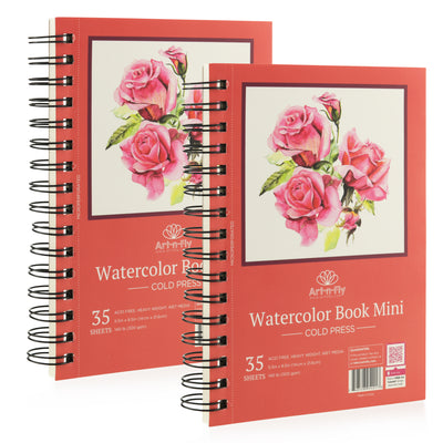 Art-n-Fly 5.5 x 8.5 in Watercolor Sketchpad Mini Book - 2 Pack x 35 Sheets Each- Spiral Bound and Microperforated - 300gsm / 140lb 8.5x5.5