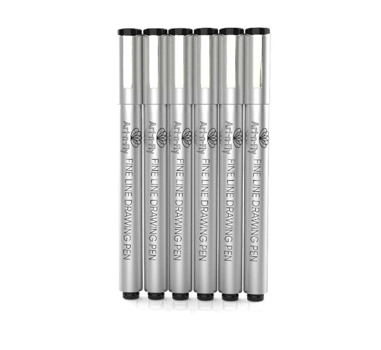 Black Fineliner Inking Pens - Set of 6 Tip Sizes